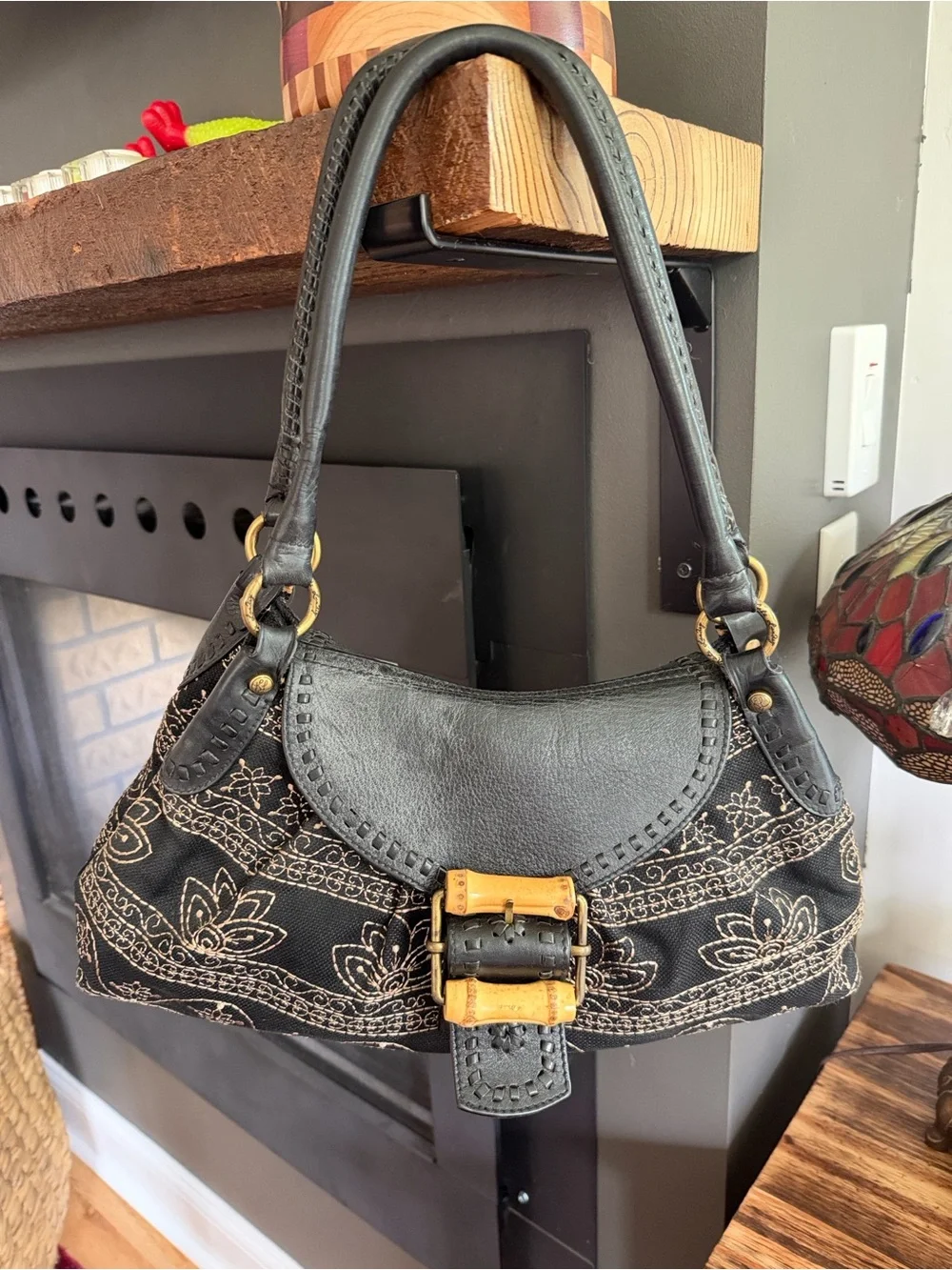 Kate Landry Black lotus flower Shoulder Bag with Gold Bamboo Accent